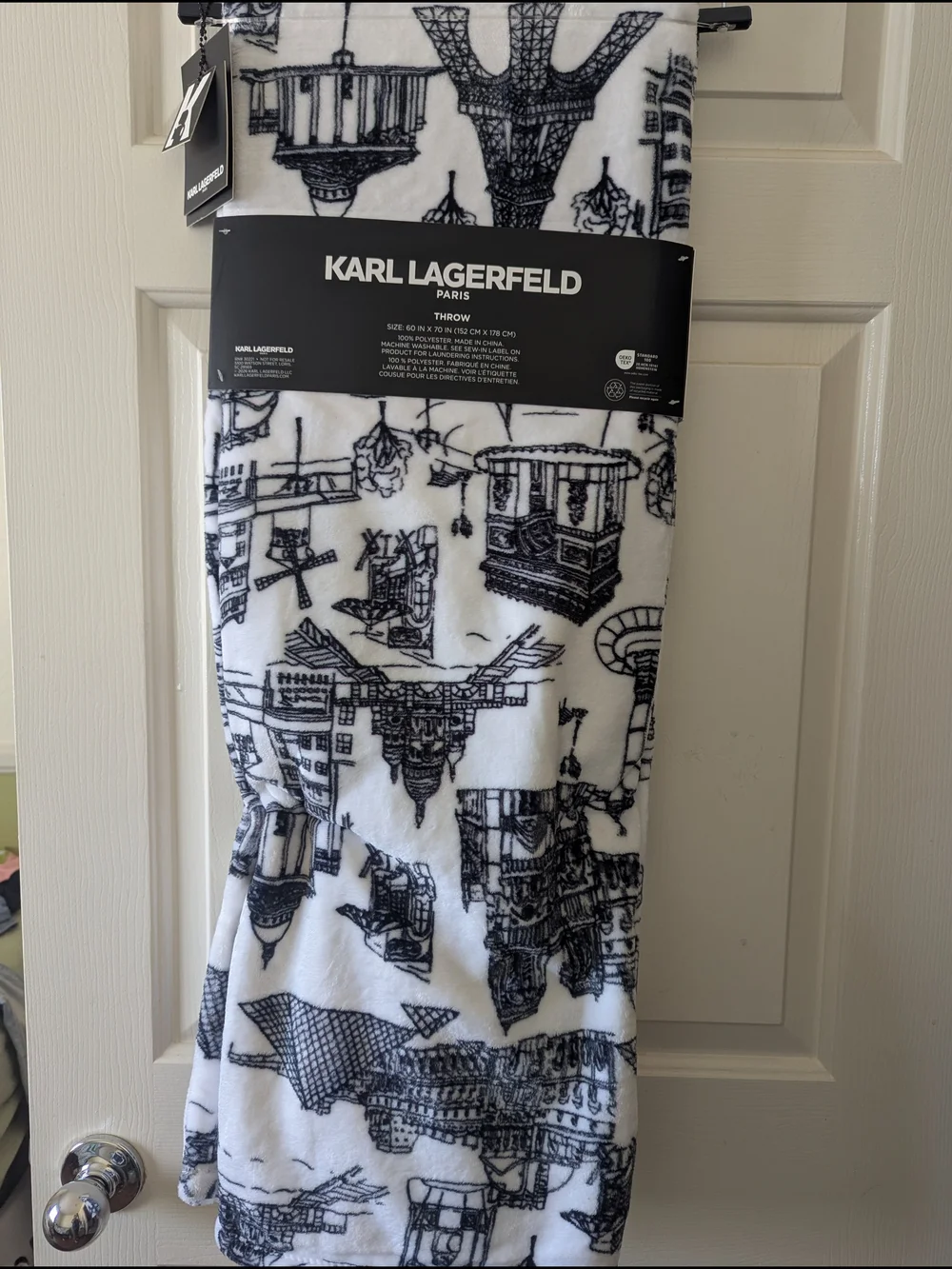 Karl Lagerfeld Throw Blanket 60x70 Black White Paris Print Super Soft OEKO